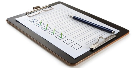 A Clipboard With A Checklist And A Pen. The Checkboxes Are Marked With Green Checkmarks.