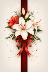 Obraz premium Elegant White Lilies and Red Ribbon Bouquet Against a White Background