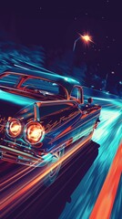 A mysterious driver speeding away in a classic car. ,Dark Color light ,vectorline design , illustration , Mobile Wallpaper