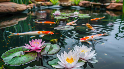 Bright fish swim among pink and white flowers with green leaves on a calm pond, reflecting the surroundings and creating a peaceful scene.