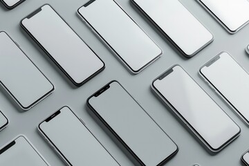 A flat lay of multiple modern smartphones arranged in a grid pattern on a light gray surface. The smartphones have blank screens. Generative AI