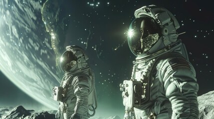 Fototapeta premium Astronauts on a barren alien landscape beneath a huge moon, capturing the spirit of interstellar exploration and adventure.