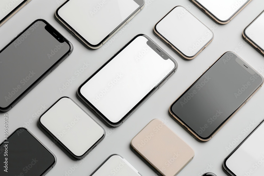 Fototapete A flat lay showcasing several modern smartphones arranged in different angles on a white surface. The phones are perfect for displaying mobile technology or smartphone accessories. Generative AI