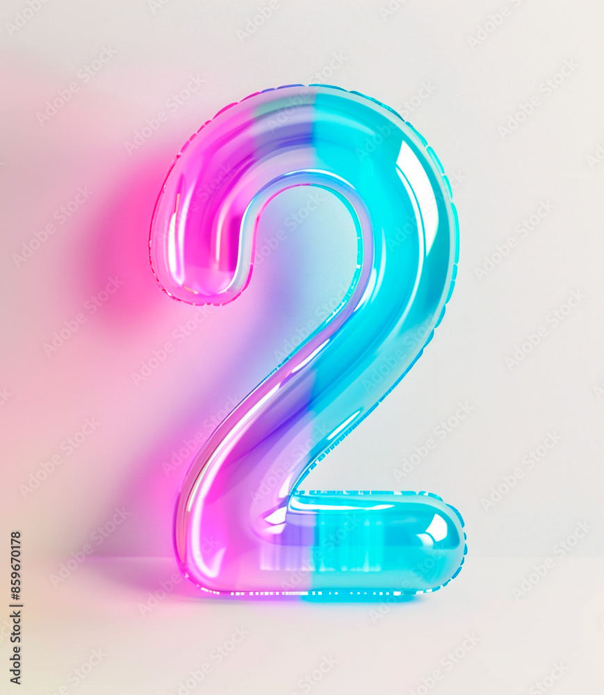 Fototapete ai generated photo with inflatable multicolored neon number 2. minimalistic balloon isolated on a wh