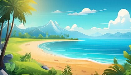 Cartoon summer beach natural paradise Tropical beach or sea coast background image.