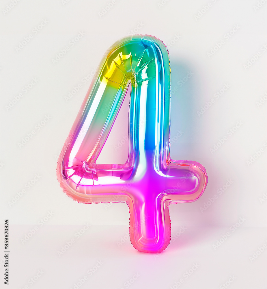 Fototapete ai generated photo with inflatable multicolored neon number 4. minimalistic balloon isolated on a wh