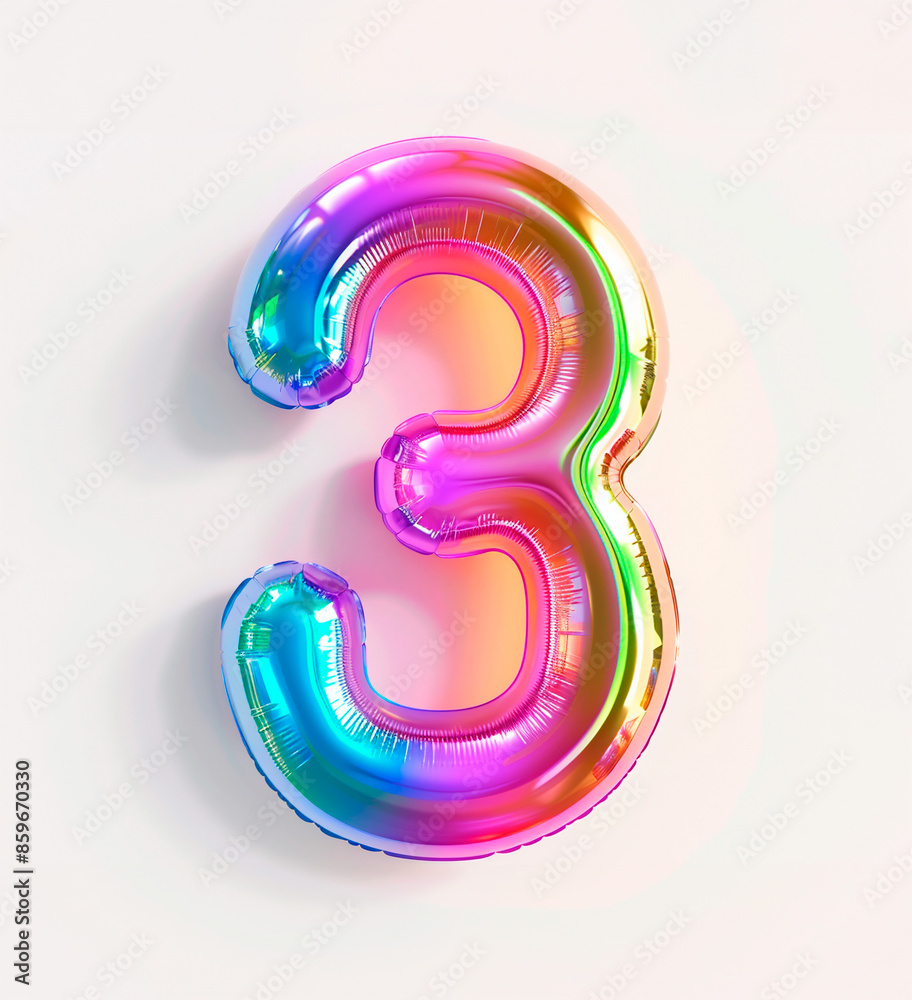 Fototapete AI generated photo with inflatable multicolored neon number 3. Minimalistic balloon isolated on a white background