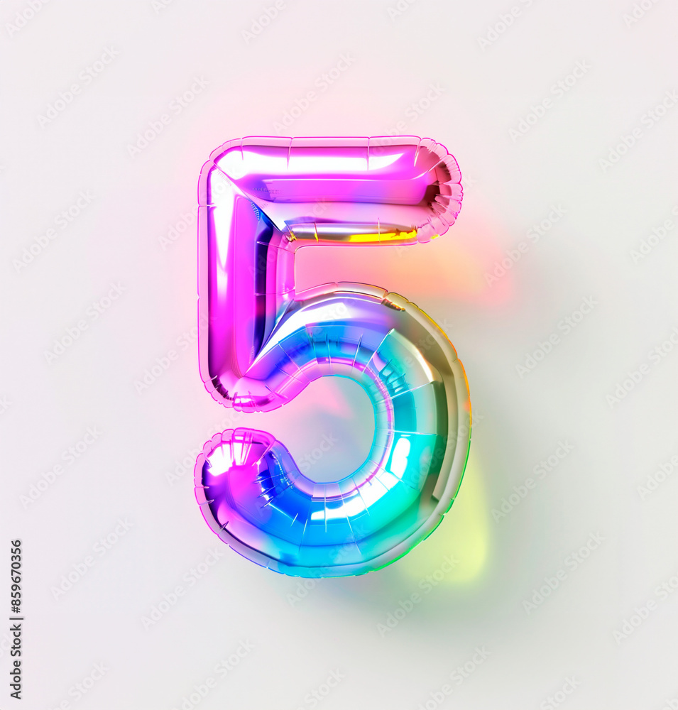 Fototapete ai generated photo with inflatable multicolored neon number 5. minimalistic balloon isolated on a wh