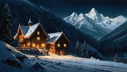 Great illustration vintage palace house in the mountains and harsh winter
