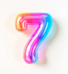 AI generated photo with inflatable multicolored neon number 7. Minimalistic balloon isolated on a white background