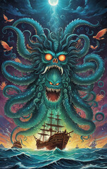 Obraz premium Illustrative depiction of a mythical sea monster that makes the oceans unsafe and is told in old sailor’s tales