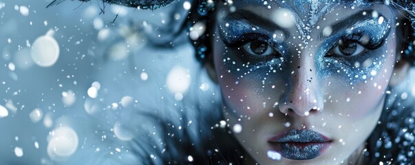 A close-up portrait of a model with creative snow fairy makeup, featuring intricate snowflake designs and shimmering blue and white colors. 