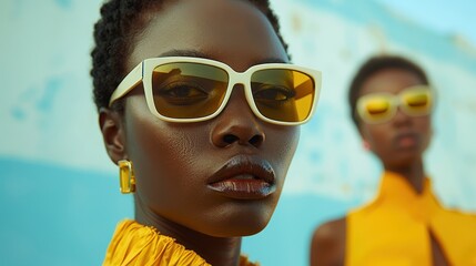 An artistic image of two people dressed in vibrant yellow outfits, wearing sunglasses, set against a pale blue background, creating a striking and fashionable visual impact.