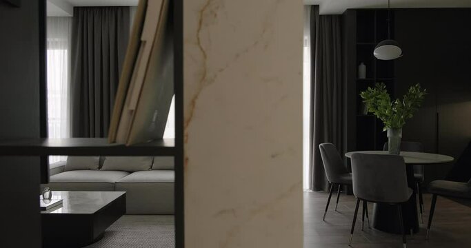 Minimalist living room kitchen interior design with sofa middle table cabinet dining table chairs and curtains. Modern furniture. View from TV unit shelves