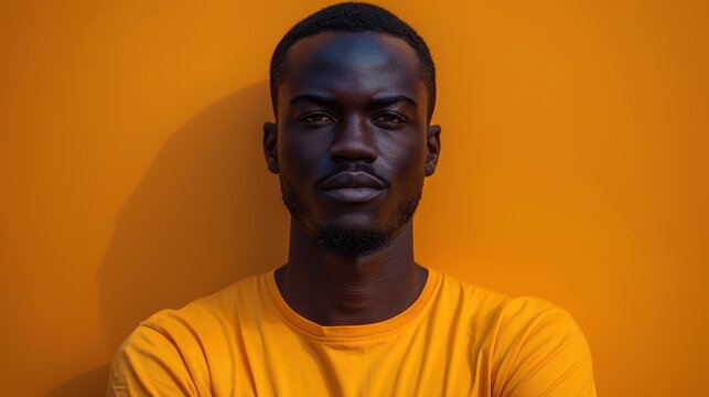 A striking portrait of a man in a vibrant orange shirt, standing confidently with folded arms against an orange background, highlighting a strong and assertive demeanor.