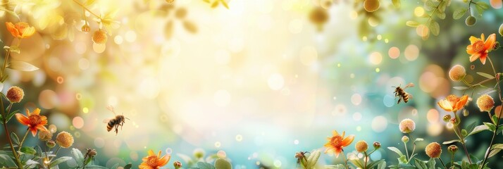 Fototapeta premium Two Smiling Bees Buzzing in a Sunlit Garden on a Summer Day