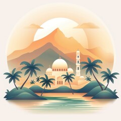 Obraz premium Eid Al Adha Mosque Illustration With Palm Trees and Mountain Landscape