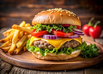 A Delicious Cheeseburger With Lettuce, Tomato, Onion, And A Side Of Fries.