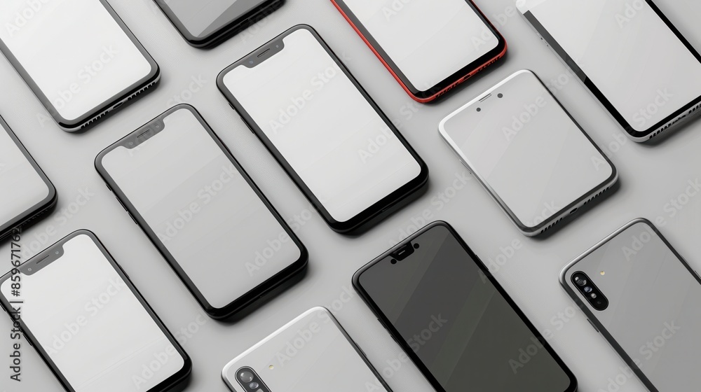 Leinwandbilder a flat lay of modern smartphones arranged in different angles on a light gray surface. this image is