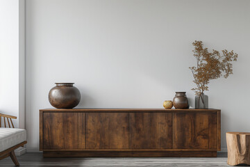 A highly detailed, ultra-realistic image of a wooden cabinet placed near a white wall. The cabinet is elegantly designed, featuring a sleek finish and modern aesthetic