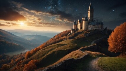 Fototapeta premium Picture showing the magical beauty of enchanted autumn on a medieval castle