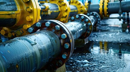 Wet Industrial Pipeline Network. Close up Shot