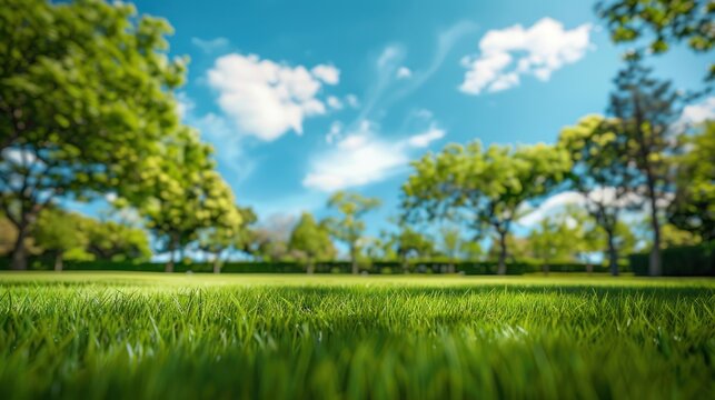 A lush green field with trees against blue sky in the background