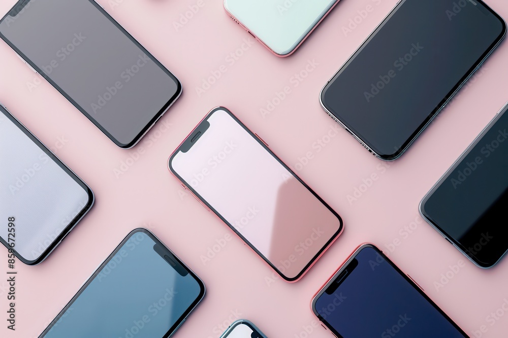 Leinwandbilder multiple modern smartphones are displayed in various angles on a pink background. generative ai