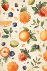 Vibrant Citrus Fruits and Berries Illustration Pattern