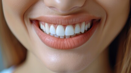 A close-up view of a happy individual smiling, displaying brilliant, white teeth and lips with light makeup, exuding hygiene and confidence.