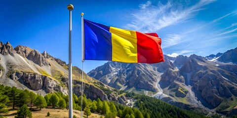 Romanian Flag Waving In The Wind With Mountains In The Background