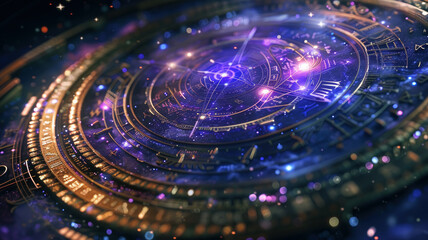 Zodiac signs on astrological wheel in space, abstract background, dark magical sky with stars in universe. Theme of astrology, mystery, fantasy, horoscope.