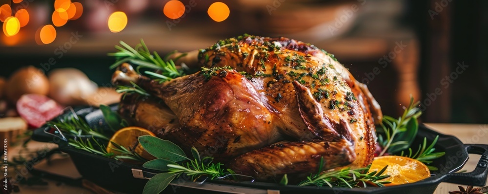 Wall mural A beautifully roasted turkey garnished with fresh herbs and citrus slices, set against a cozy, warmly lit background. The perfect depiction of a festive Thanksgiving meal.