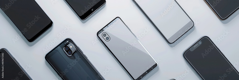 Leinwandbilder a flat lay image featuring several modern smartphones arranged in various angles on a white backgrou