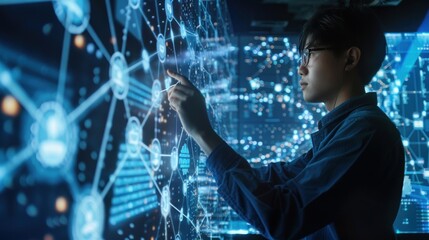 A man is using a computer screen to manipulate a digital project