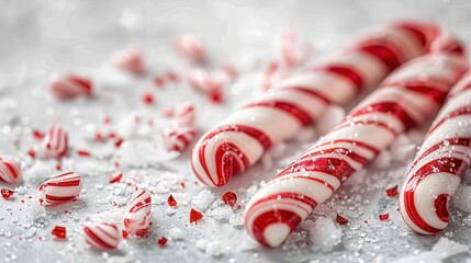 This image features red and white candy canes with bits of broken candy scattered around them,...