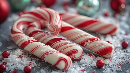 This image shows red and white candy canes resting among festive decorations like tiny red balls and snowflakes, capturing a joyful and vibrant holiday spirit, ideal for Christmas décor.