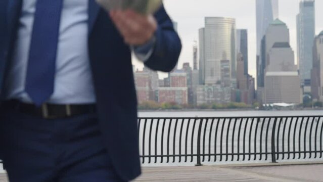 Successful finance businessman in stock market growth. Investment success. Man business trader count cash. Successful in earning. Businessman make money. Business easy money success. Successful deal
