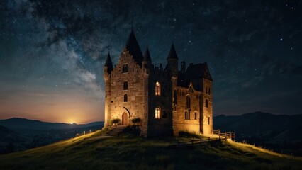 Obraz premium View of the magical hills at night from the castle