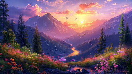 Summer landscape, flowers and trees near the river, mountain view with sunset in the background