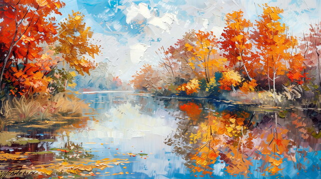 Oil painting on canvas autumn landscape with orange and yellow leaves by the river