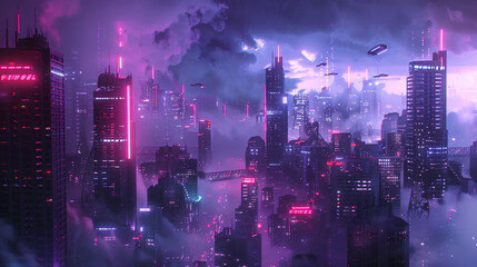 Obraz premium a futuristic cityscape at night with neon lights and towering skyscrapers, featuring a misty atmosphere and flying vehicles in a vibrant urban environment