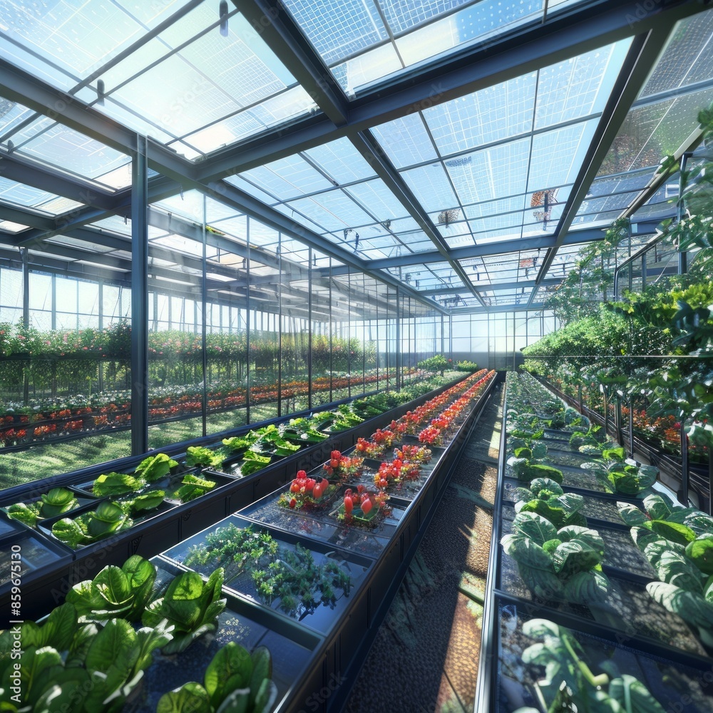 Canvas Prints A greenhouse filled with plants and flowers, including a variety of vegetables