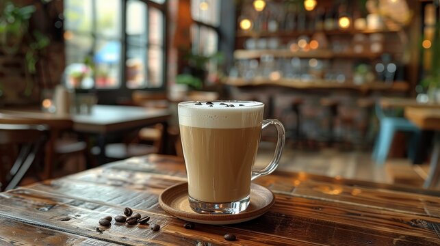 A cozy café setting featuring a coffee latte in a glass mug placed on a wooden table, accompanied by scattered coffee beans, with the café ambiance in the background.