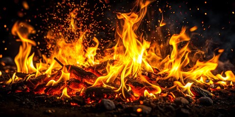 Flames And Embers From A Bright Dancing Bonfire At Night