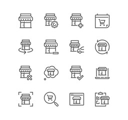 Set of shop management related icons, increase sales, supermarket, boutique, showroom building and linear variety vectors.	
