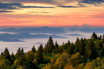 Scenic sunrise view overlooking the Blue Ridge Mountains of North Caolina