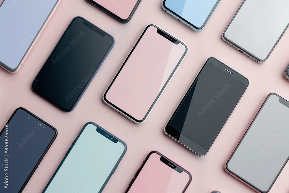 Leinwandbilder a flat lay image featuring multiple modern smartphones arranged at different angles on a pink backgr