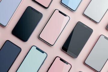 A flat lay image featuring multiple modern smartphones arranged at different angles on a pink background. Generative AI