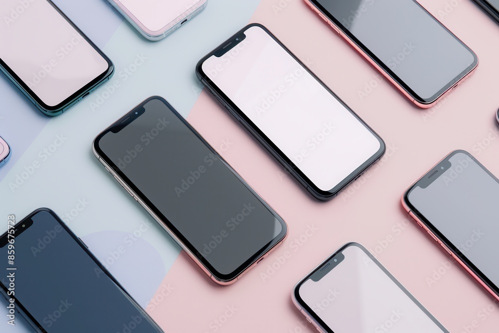 Fototapete An overhead shot of several modern smartphones arranged in different angles on a pink and blue surface. Generative AI